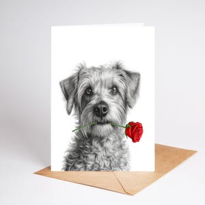 May include: A greeting card featuring a black and white pencil-style illustration of a scruffy dog with a realistic, vibrant red rose held in its mouth. The dog has textured fur, alert eyes, and a dark nose, set against a plain white background.