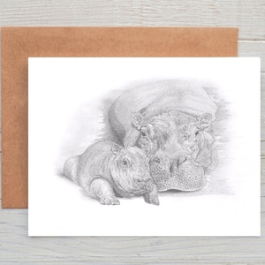 Hippopotamus, Hippo Mother and Calf art  Greetings/Note Card (can be personalised)