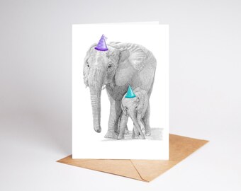 Elephant,ele  Mother and Calf art Birthday Greetings/Note Card (can be personalised)