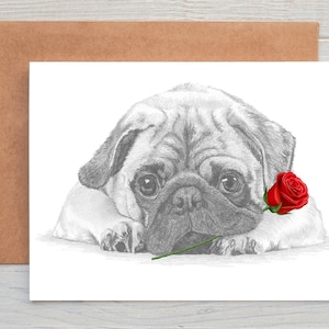 Pug dog Love Card, Valentines Card, Anniversary Card, Wedding Card art Greetings/Note Card (can be personalised)