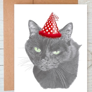 Carte de voeux d'anniversaire/carte de correspondance avec chat noir et yeux verts (peut être personnalisée)
