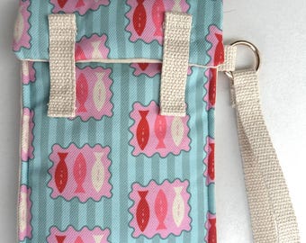Handmade Padded Kindle, Kobo Sleeve, Retro Fish Print Remarkable Pouch with Strap