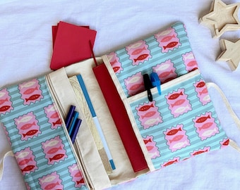 Handmade Fish & Stripes Book Sleeve – A5 Cotton Organizer with Zipper Pocket