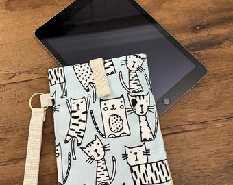 Handmade Padded Kobo, Kindle Sleeve. Comic Cats Remarkable Pouch with Strap
