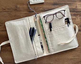 Linen Book Sleeve – Handmade A5 Organizer with Zipper Pocket