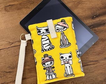 Handmade Padded Kindle, Remarkable Sleeve. Comic Cat Kobo Pouch with Strap