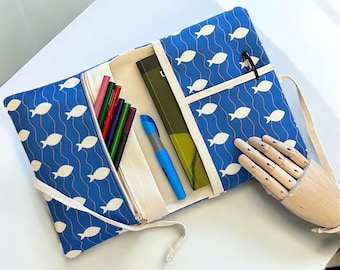 Navy Fish Book Sleeve - Handmade A5 Organizer with Zippered Pocket