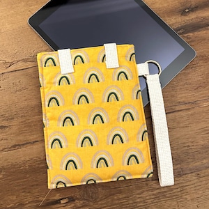 Handmade Padded Remarkable, Kobo Sleeve, Mustard Rainbow Kindle Pouch with Strap