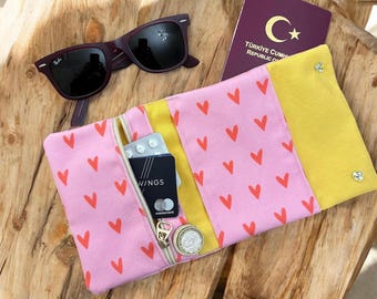 Heart Print Passport Cover - Handmade Travel Wallet with zipper