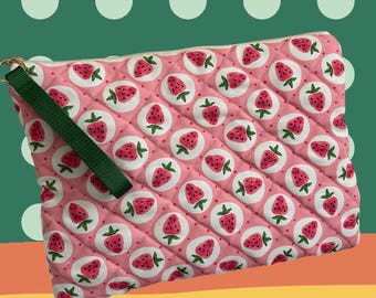 Handmade Quilted Laptop & Tablet Sleeve - Pink Strawberry Pattern