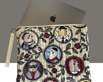 Handmade Quilted Laptop & Tablet Sleeve - Vintage Bird Pattern