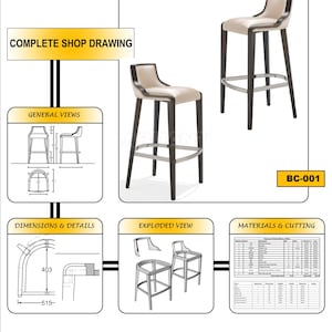 May include: A digital shop drawing for a bar chair labelled BC-001, featuring two rendered views of a beige and dark wood stool, technical diagrams, an exploded view, and a materials table. The document includes text such as MaGhrapy, BAR CHAIR, COMPLETE SHOP DRAWING, and dimensions.
