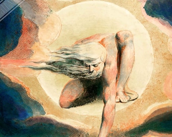 Puede incluir: Una pintura de una figura con cabello largo y blanco y barba, arrodillada en una nube y sosteniendo una brújula. La figura está rodeada por una luz amarilla brillante, y el fondo es un cielo azul oscuro con nubes.
