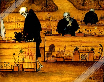 Puede incluir: Una pintura de tres esqueletos cuidando un jardín. Los esqueletos llevan túnicas negras y están rodeados de varias plantas y flores. La pintura está realizada en una paleta oscura y terrosa y tiene un aire fantasioso, casi macabro.