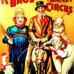 Vintage Circus Poster, Clowns Combined Circus, Ringling Brothers, Barnum & Bailey, Circa 1919.