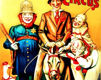 Vintage Circus Poster, Clowns Combined Circus, Ringling Brothers, Barnum & Bailey, Circa 1919.