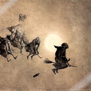 Witches Poster - Witches On Broomsticks Poster - Witches With Cat - William Holbrook Beard 18th Century UK, EU USA Domestic Shipping