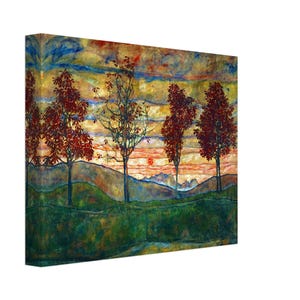 Könnte beinhalten: Landschaftsbild mit Bäumen mit roten Blättern und einem Sonnenuntergang. Der Himmel ist eine Mischung aus Gelb, Orange und Blau. Das Kunstwerk hat eine strukturierte Oberfläche und zeigt eine ruhige Naturlandschaft mit sanften Hügeln und einem lebendigen Himmel.