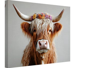 Highland Cow Canvas Print with Flower Crown Rustic Boho Farmhouse Wall Art