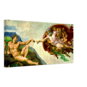 May include: A Renaissance-era painting depicting the Creation of Adam. God, surrounded by angels, reaches out to Adam, who is lying on a rocky outcrop. The painting is known for its dramatic composition and the iconic image of God's outstretched hand meeting Adam's.