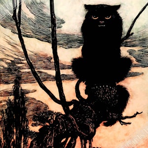 Vintage Witches Cat Poster - Arthur Rackham Witches Cat - Arthur Rackham Print UK, EU USA Domestic Shipping