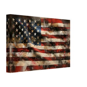 Distressed American Flag Canvas, Wavy Patriotic USA Flag Canvas Print Gritty Modern Art