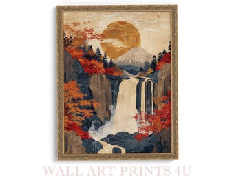 Japanese Ukiyo-E Autumn Waterfall Digital Download Vintage Japan Woodblock Print Style Printable Wall Art