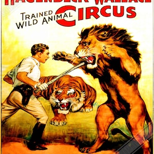 Cartel de circo vintage, León entrenado en el circo, Clyde Beatty, Hagenbeck Wallace, circa 1934.