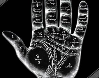 Palmistry Poster, Palmistry Hand Print Spooky White On Black Life Line, Fate Line, Marriage Line UK, EU USA Domestic Shipping