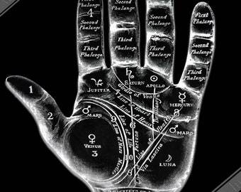 Palmistry Hand Poster: Spooky White Print on Black
