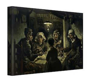 May include: A painting showing a group of people sitting around a table in a dimly lit room. The people are wearing dark clothes and seem to be having a meal. A single light source illuminates the scene, casting long shadows on the walls.