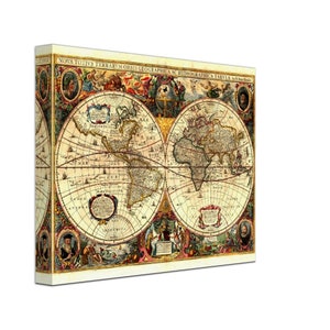 May include: An antique world map with a vintage aesthetic. The map is printed on a cream-colored background with brown, red, and gold accents. The map shows the continents of North America, South America, Europe, Asia, and Africa. The map is surrounded by a decorative border with images of people and animals.