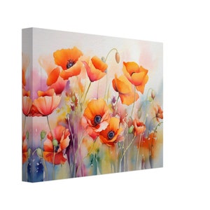 Impresión en lienzo de amapolas en acuarela: arte floral rojo y naranja