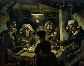 May include: A painting of four people sitting around a table in a dimly lit room. The people are wearing dark clothing and there is a lamp hanging from the ceiling. The painting is done in a style reminiscent of Vincent van Gogh.