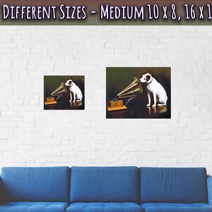 May include: A white dog with brown spots listens to a vintage gramophone with a large horn. The dog is sitting on a dark surface in front of a green background. The image is a digital reproduction of a painting.