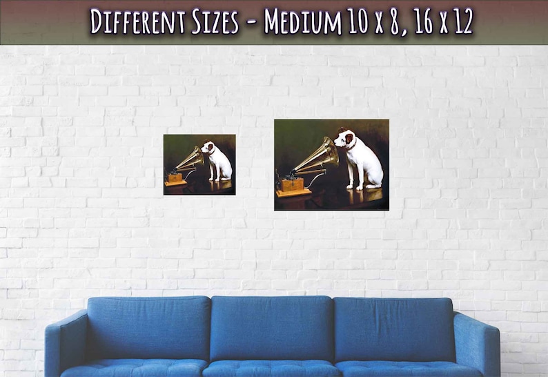 May include: A white dog with brown spots listens to a vintage gramophone with a large horn. The dog is sitting on a dark surface in front of a green background. The image is a digital reproduction of a painting.