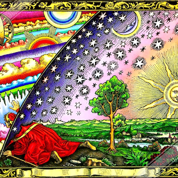 Cartel de la Tierra Plana, El Flammarion, El viajero mete la cabeza a través del firmamento en el borde del mundo Reino Unido, UE EE.UU. Envío nacional