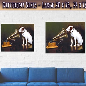 May include: Two framed prints of a white dog listening to a vintage gramophone with a gold horn. The prints are displayed on a white brick wall above a blue couch.