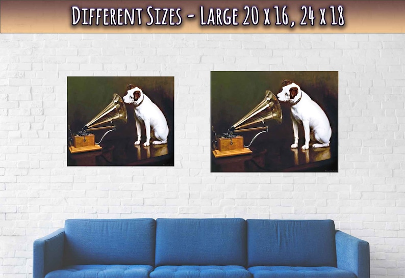 May include: Two framed prints of a white dog listening to a vintage gramophone with a gold horn. The prints are displayed on a white brick wall above a blue couch.