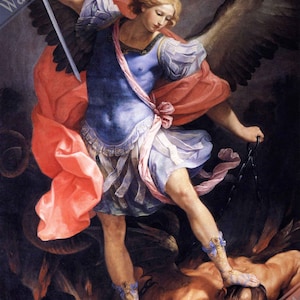 May include: A painting of an angel with large wings, wearing a blue and white tunic and red robe, holding a sword and stepping on a chained, fallen figure. The angel has a serious expression and is depicted in a dramatic pose.