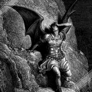 May include: A black and white illustration of a fallen angel with wings, clutching his head in despair. He is sitting on a rocky cliff, with his wings spread out behind him.