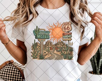 Route 66 PNG Bloom Motel Desert Cactus – Retro Western Road Trip Design (digital nedladdning)
