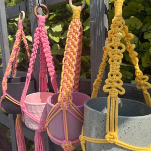 May include: Three macrame plant hangers with wooden rings. The hangers are made with yellow and pink cord and are hanging from hooks on a wooden fence. The hangers are holding different coloured pots.