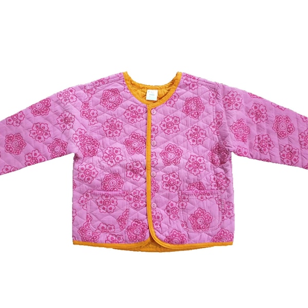 Pink Batik Girls Quilted Summer Jacket, Boho Kids Jacket, 6-7 yrs