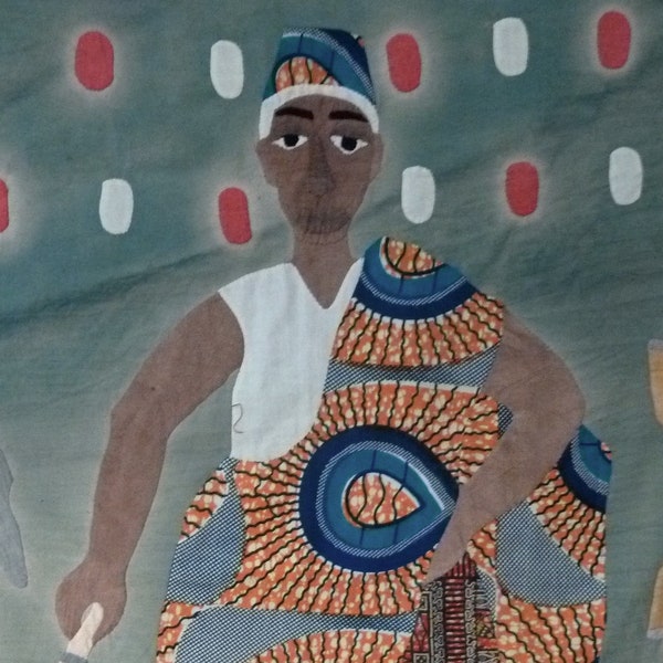 Tableau textile appliqué du Bénin Sorcier Vaudou, en patchwork de wax