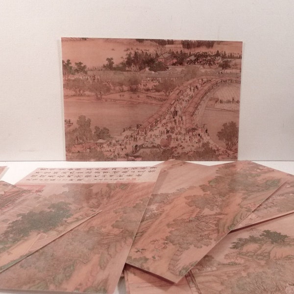 Pochette de 23 cartes reproductions de peintures sur soie représentant la ville de Cathay