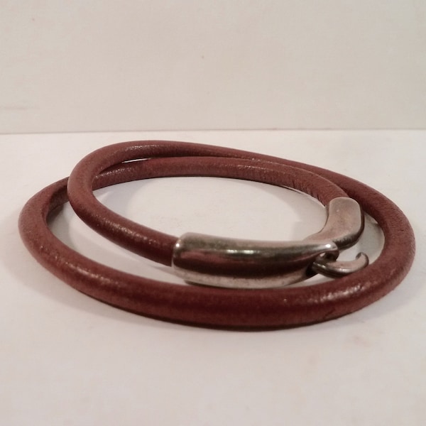 Bracelet double en cuir et métal brun et argent, unisexe