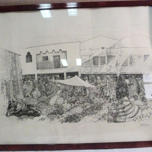 Tableau, dessin à la plume sur papier aquarelle sous verre représentant une scène de marché au Sénégal, encadrement en loupe d'orme