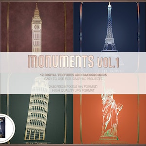 Könnte beinhalten: Ein digitaler Download von 12 hochwertigen JPG-Bildern mit berühmten Monumenten, darunter der Eiffelturm, Big Ben, der Schiefe Turm von Pisa und die Freiheitsstatue. Jedes Bild ist 2480 x 3508 Pixel groß und eignet sich für Grafikprojekte.