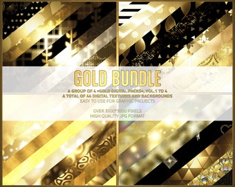 May include: A digital bundle of 44 gold textures and backgrounds, perfect for graphic design projects. The bundle includes a variety of patterns, including stripes, polka dots, and geometric shapes. The images are high-quality JPGs, over 3000 x 3000 pixels.